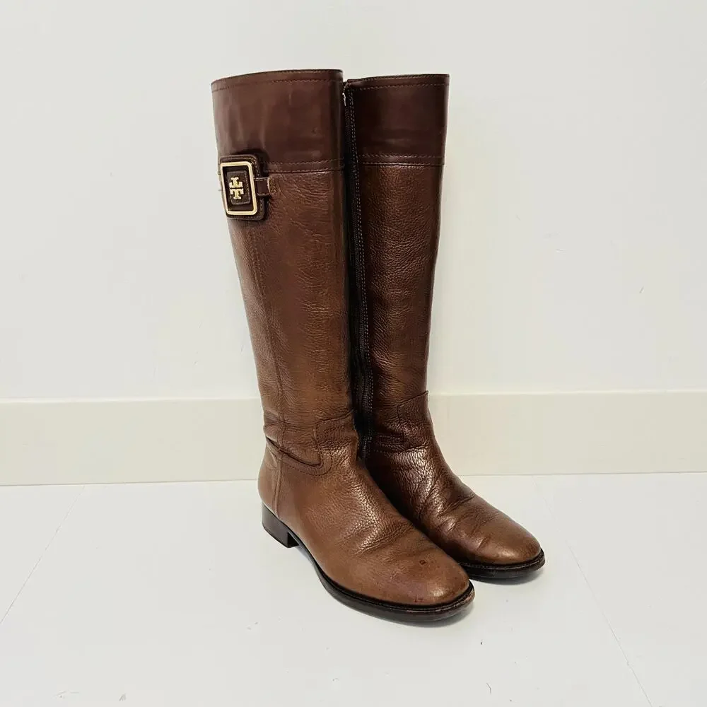 Tory Burch Boots Womens 7 Brown Leather Knee High Riding Logo Buckle Zip Shoes